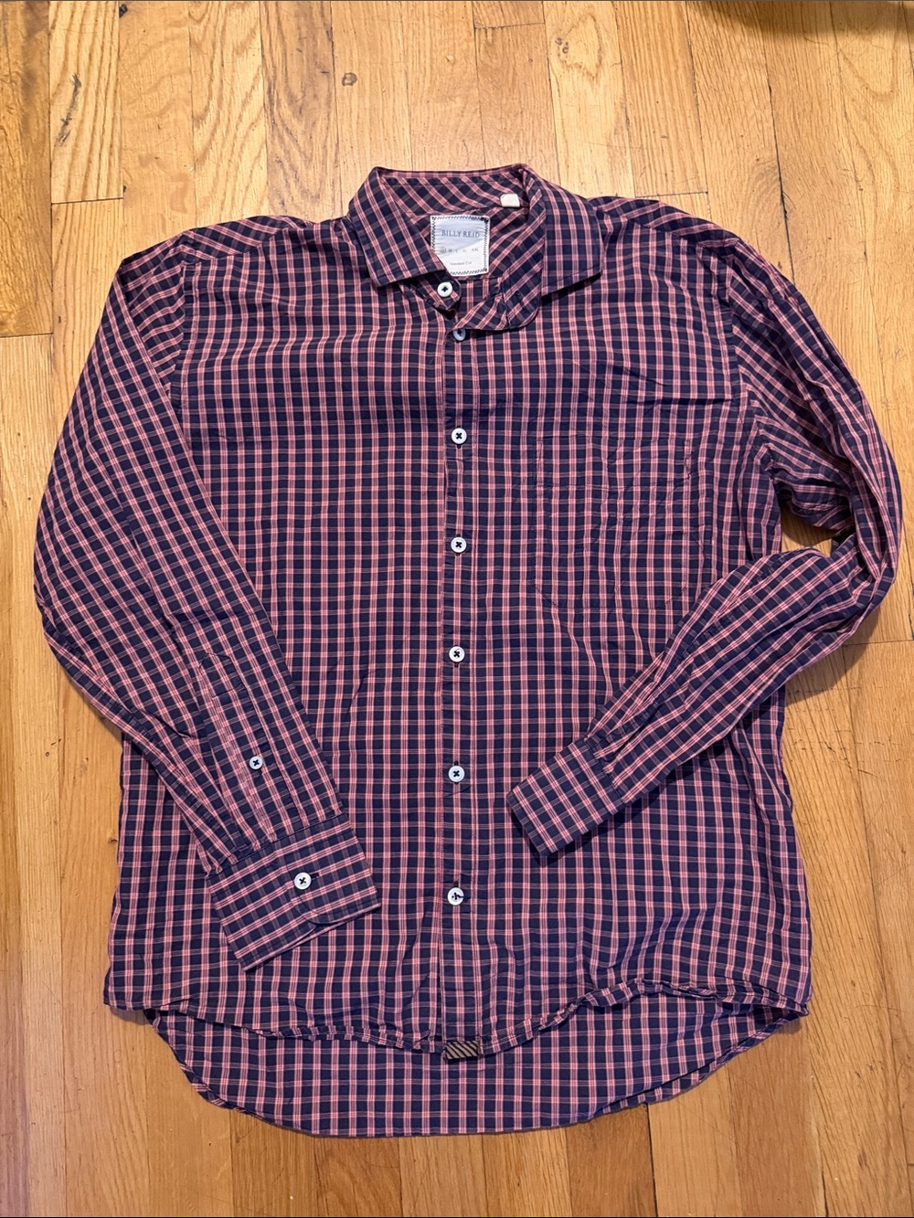Billy Reid Red and Navy Check Cotton Button-Down Shirt